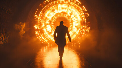 Into the fiery portal, a silhouette walks towards an unknown destiny, a journey of enigma and adventure awaits.