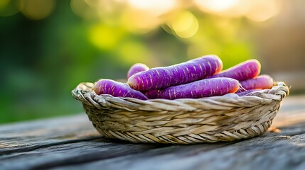 Fresh purple carrots in rustic woven basket on wooden surface against blurred natural garden background with soft bokeh lighting effects.