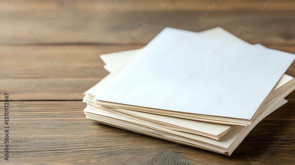 Poster Stack of blank white paper sheets scattered on wooden table surface with natural lighting and shallow depth of field, suitable for business and office concepts.