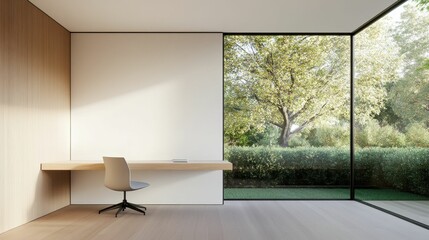 Obraz premium Modern minimalist office; wood, light, view, desk, chair.