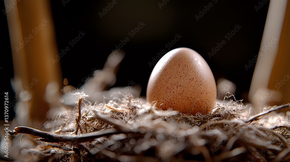 Poster fresh brown egg nestled in natural straw nest with soft morning light and shallow depth of field cre