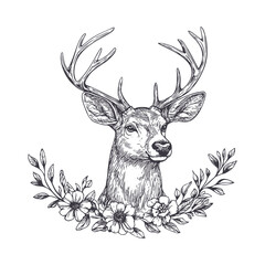 Majestic deer with antlers and floral wreath. Vector illustration