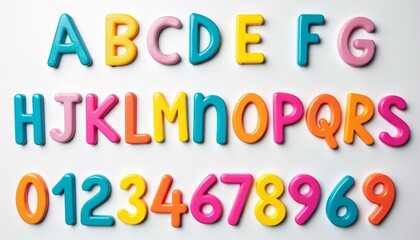 Educational Arrangement of Vibrant Magnetic Letters and Numbers on White Background