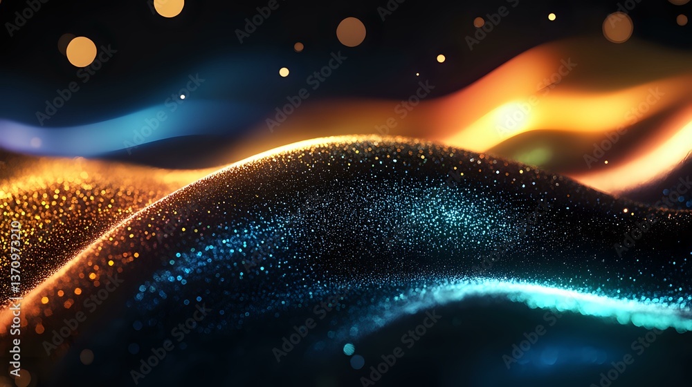 Poster abstract glowing waves with sparkling particles in orange and blue colors creating dynamic flowing m