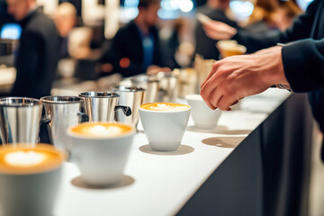 Barista competition, with contestants showcasing their latte art skills and judges evaluating their creations