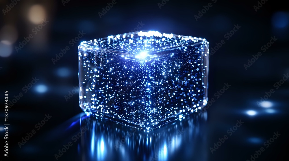 Poster glowing blue ice cube with magical sparkles and light effects on dark background, creating mystical 