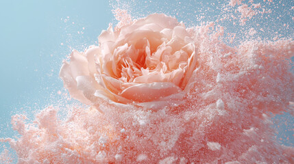 Fototapeta premium Close-up of a rose transforming into pixels, blending nature and digital art, with petals drifting in a serene background