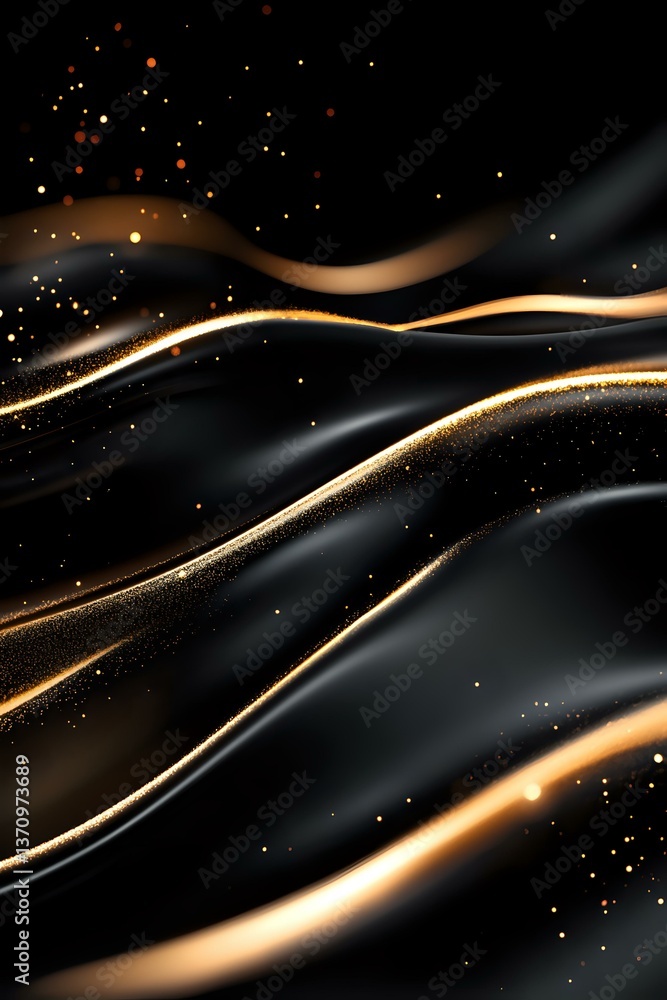 Poster flowing golden waves with glittering particles on black background create luxurious abstract pattern
