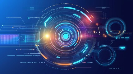 Obraz premium Abstract futuristic technology background with glowing circles and digital elements on a blue backdrop, vector illustration. AI-inspired, technological style.
