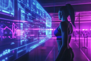 Futuristic fitness tracking display shows data on weight loss, calories, and progress in a high-tech neon environment