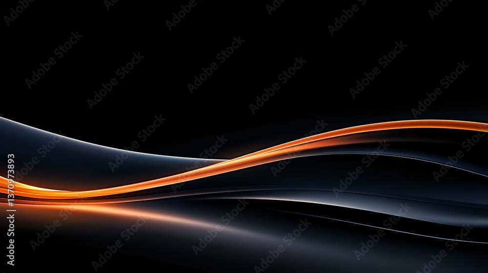 Poster dynamic glowing orange wave lines flowing smoothly against dark background, creating elegant abstrac