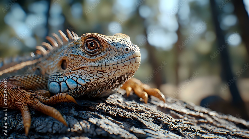 Poster close up portrait of orange iguana head with detailed scales and spikes on tree bark in natural envi