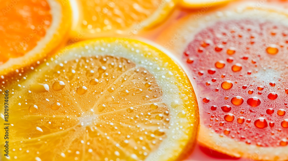 Poster close up of orange and grapefruit slices covered in water droplets creating a refreshing look