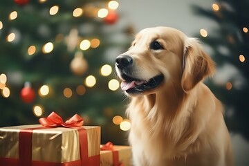 Happy Golden Retriever dog near Christmas presents and decorated tree with bokeh lights in background, festive holiday pet portrait with warm atmosphere.