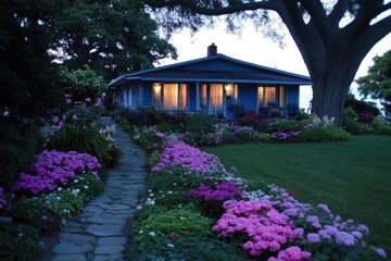 Obraz premium House with flower path. Night view, walkway, colorful blossoms, tree, windows
