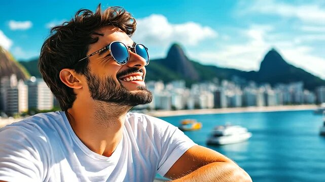 A joyful young man enjoys the scenic view by Urca&rsquo;s Wall, embracing the beauty of the day. Concept of happiness, freedom, and relaxation. young man, joyful, Urca&rsquo;s 