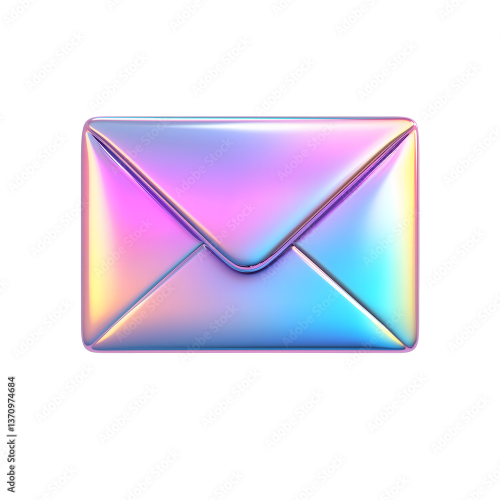 Poster Holographic Iridescent Email Icon 3D Render of a Colorful Message Envelope, isolated on transparent Background