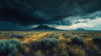 Dramatic storm clouds rolling over desert landscape nature photography atmospheric viewpoint high fidelity concept