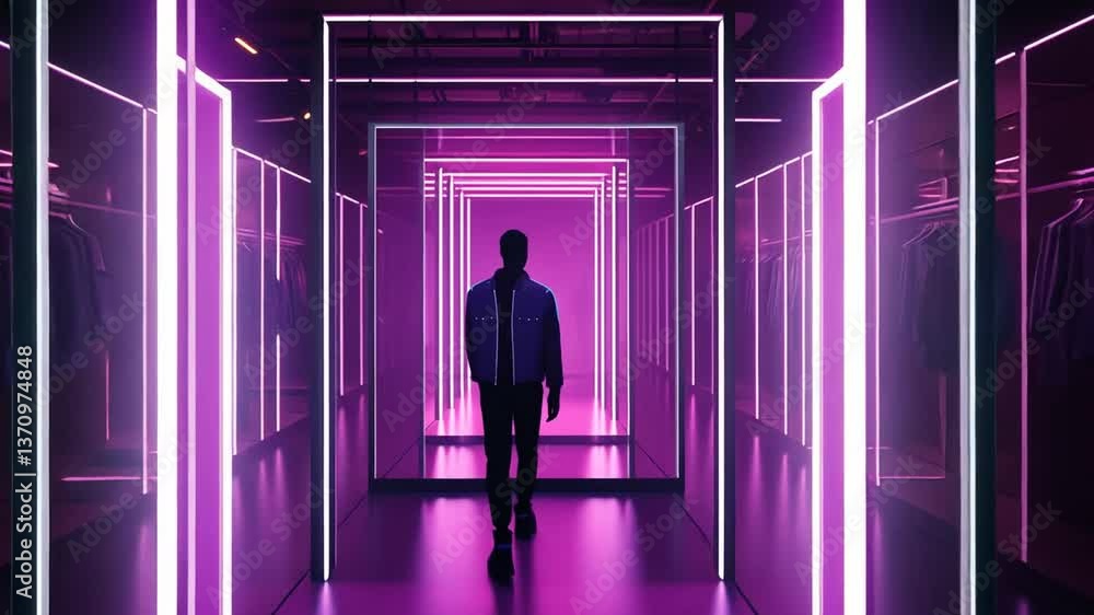 Poster man walks through vivid neon tunnel in modern space generative ai