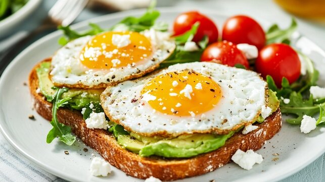 An egg and avocado toast on a white plate with an arugula salad, red cherry tomatoes, and feta cheese sprinkled over the avocados