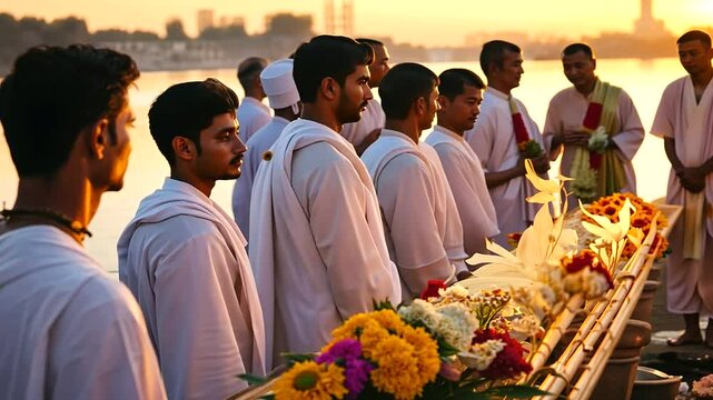A solemn Hindu funeral procession carrying the deceased on a bamboo stretcher towards the Ganges River for the final cremation rites. Family members, dressed in white, perform sac