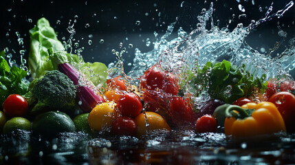Fresh vegetables and fruits being splashed with water in a dark background studio environment scene