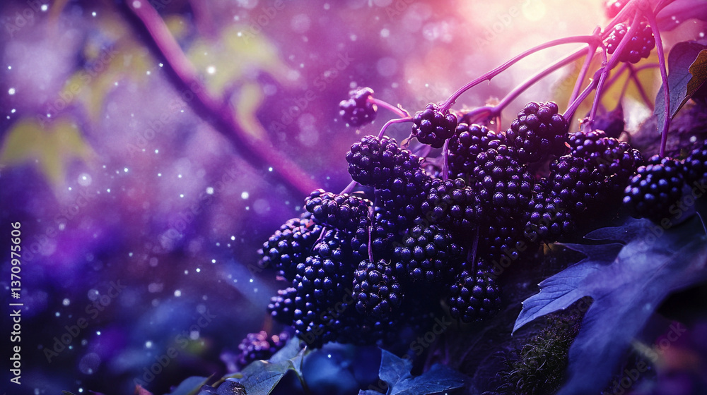 Aufkleber close up of dark berries on a branch with a purple and blue bokeh background with sparkles around it