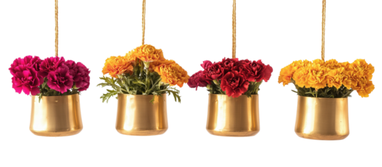 Elegant floral arrangement: vibrant blossoms artfully suspended in golden pots, creating a harmonious display of color and form