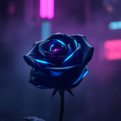 Vibrant Neon Rose Flower Glowing in the Dark with Intense Color Effects,Futuristic Neon Rose with Electric Blue and Pink Glow Against a Dark Background