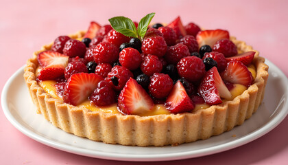 Mixed Berry Tart on Pink Background