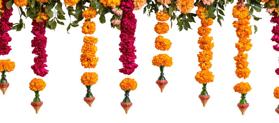Floral Garland: A vibrant display of traditional floral garlands, showcasing a rich tapestry of colorful blooms, perfect for adding a touch of elegance and celebration to any setting. 