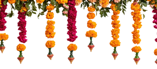 Floral Garland: A vibrant display of traditional floral garlands, showcasing a rich tapestry of colorful blooms, perfect for adding a touch of elegance and celebration to any setting. 