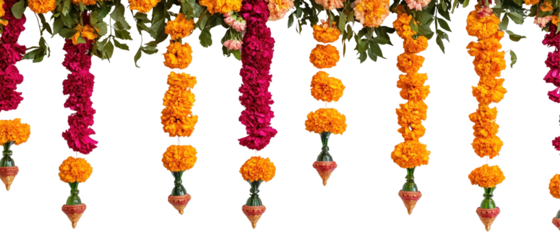 Floral Garland: A vibrant display of traditional floral garlands, showcasing a rich tapestry of colorful blooms, perfect for adding a touch of elegance and celebration to any setting. 