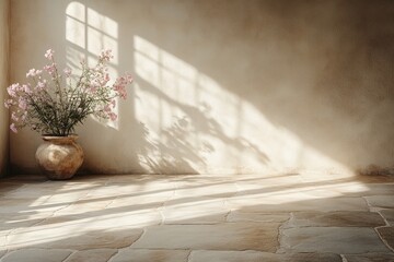 Sunlit room with a vase of pink flowers against a textured wall and stone floor