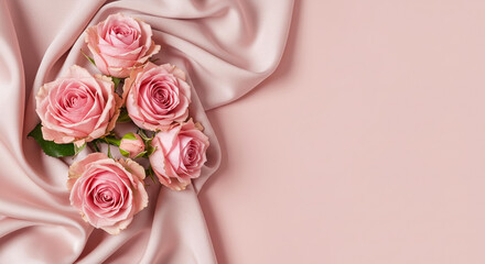 Elegant Pink Roses on Draped Silk Fabric Romantic Floral Background for Wedding Valentines or