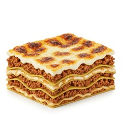 Fototapeta premium A close up shot of a square lasagna with layers of pasta meat and cheese on a white background