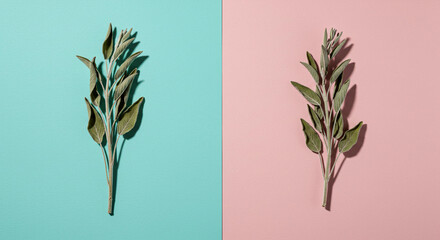 Sage Sprigs on Pastel Pink and Teal Background Minimalist Herbal Still Life Photography