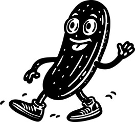 cheerful pickle cartoon character walking with a smile, wearing shoes and striking a fun pose sketch Linocut vector