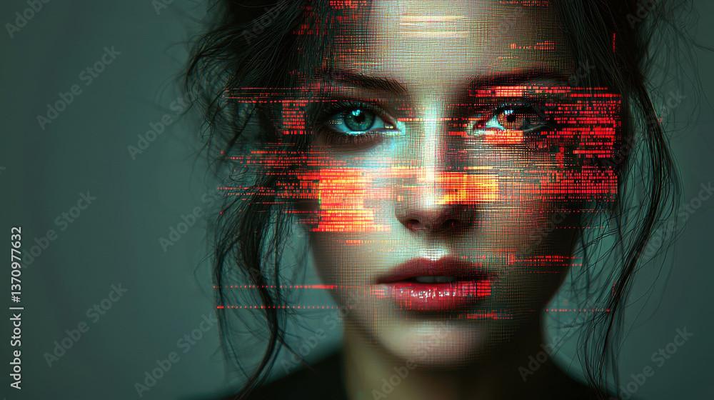 Poster digital glitch portrait of a woman with abstract facial features showcasing vibrant pixelated errors