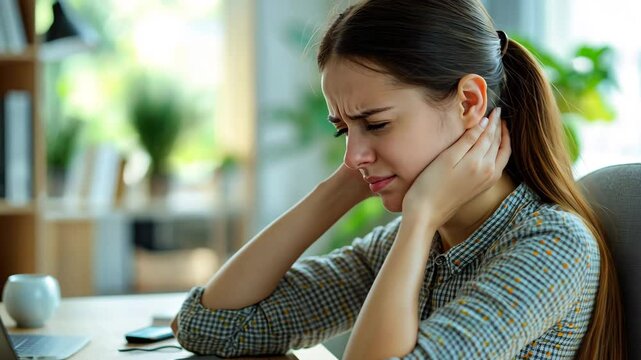 A young woman experiences muscle tension and neck pain while sitting at her home office desk next to her laptop. She uses massage and rubbing to ease the discomfort, problems of office syndrome.