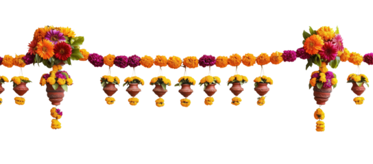Floral Decoration: A vibrant display of orange, yellow, and purple flowers arranged in a garland, showcasing festive decoration and floral arrangement