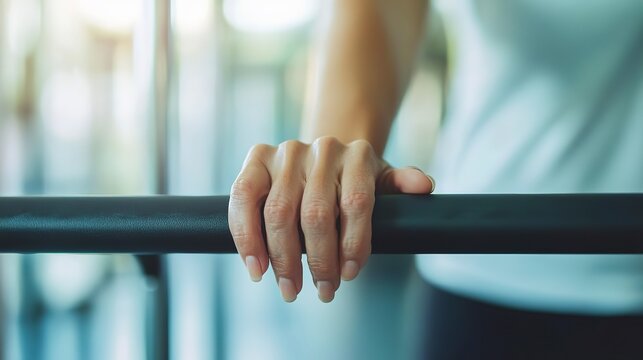 Close-up of hands gripping parallel bars during physical therapy exercise session in a rehabilitation center