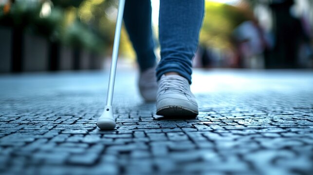 Person walking on textured sidewalk with a white cane during daytime, focused on navigating surroundings