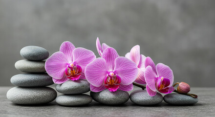 Serene Spa Still Life Pink Orchids and Stacked Grey Stones