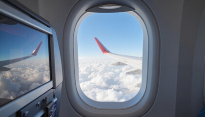 Airplane wing view from window above clouds