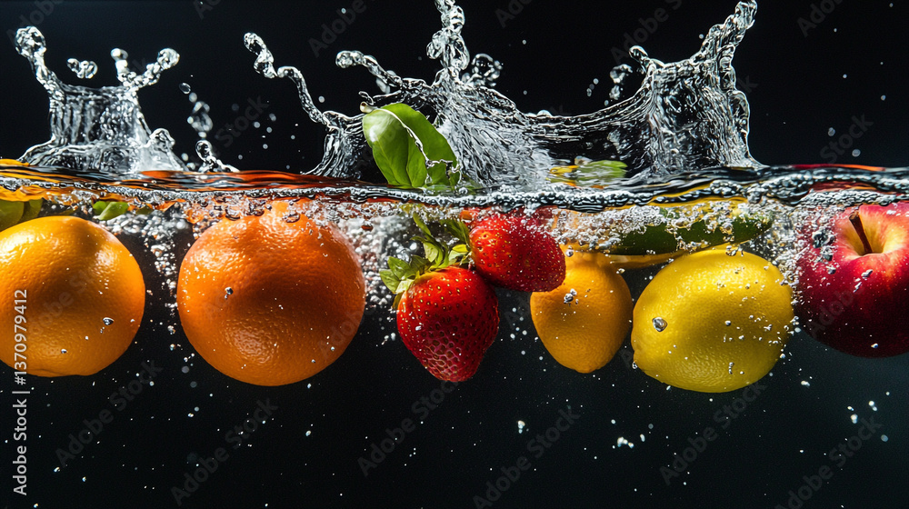 Poster assorted fruits splashing in water with a black background creating a refreshing and vibrant scene