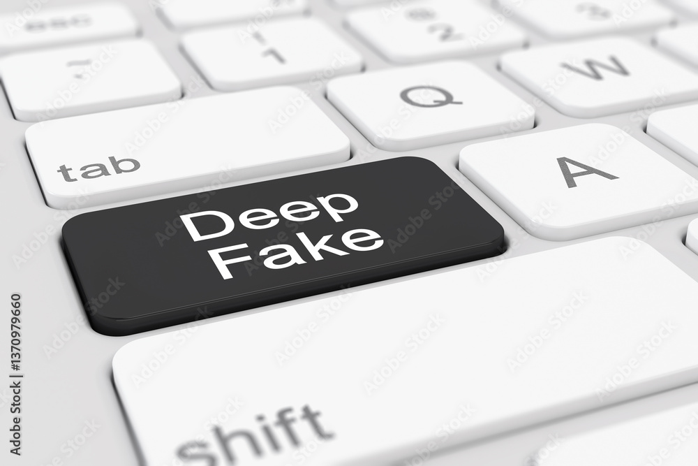 Poster 3d rendering of a white keyboard black a red key with the message deep fake.