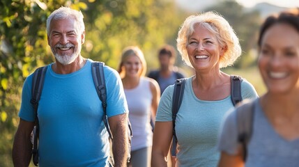 Obraz premium Group of active adults enjoying a sunny hike while promoting healthy lifestyles in a natural environment