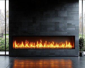 A modern room showcases a glowing fireplace with stone walls behind
