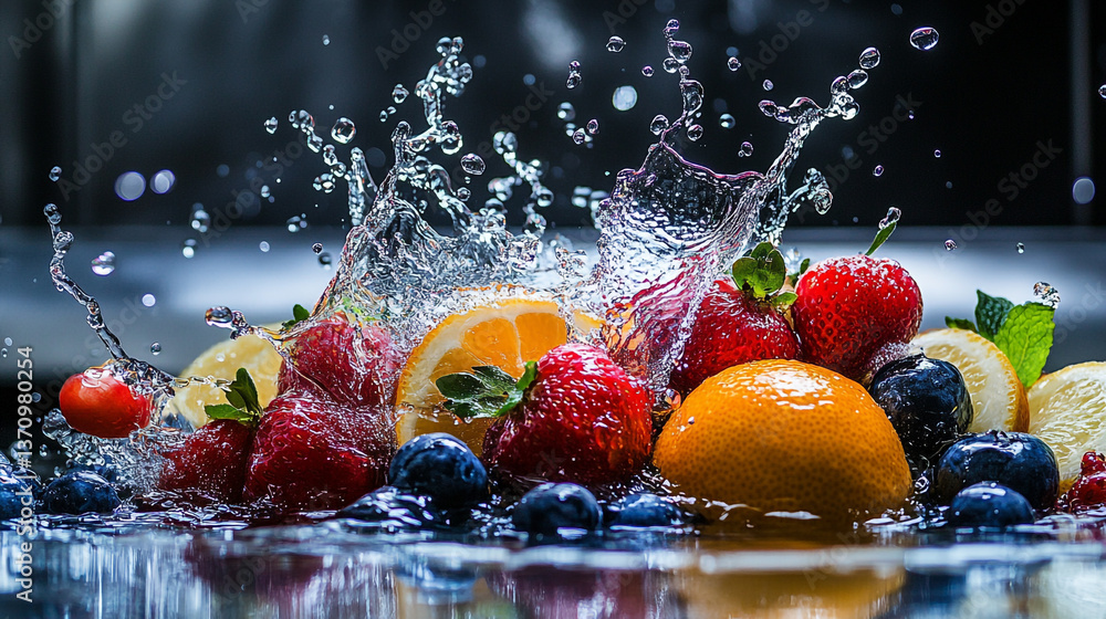 Poster assorted fruits with water splashing on them creating a refreshing and vibrant display of freshness
